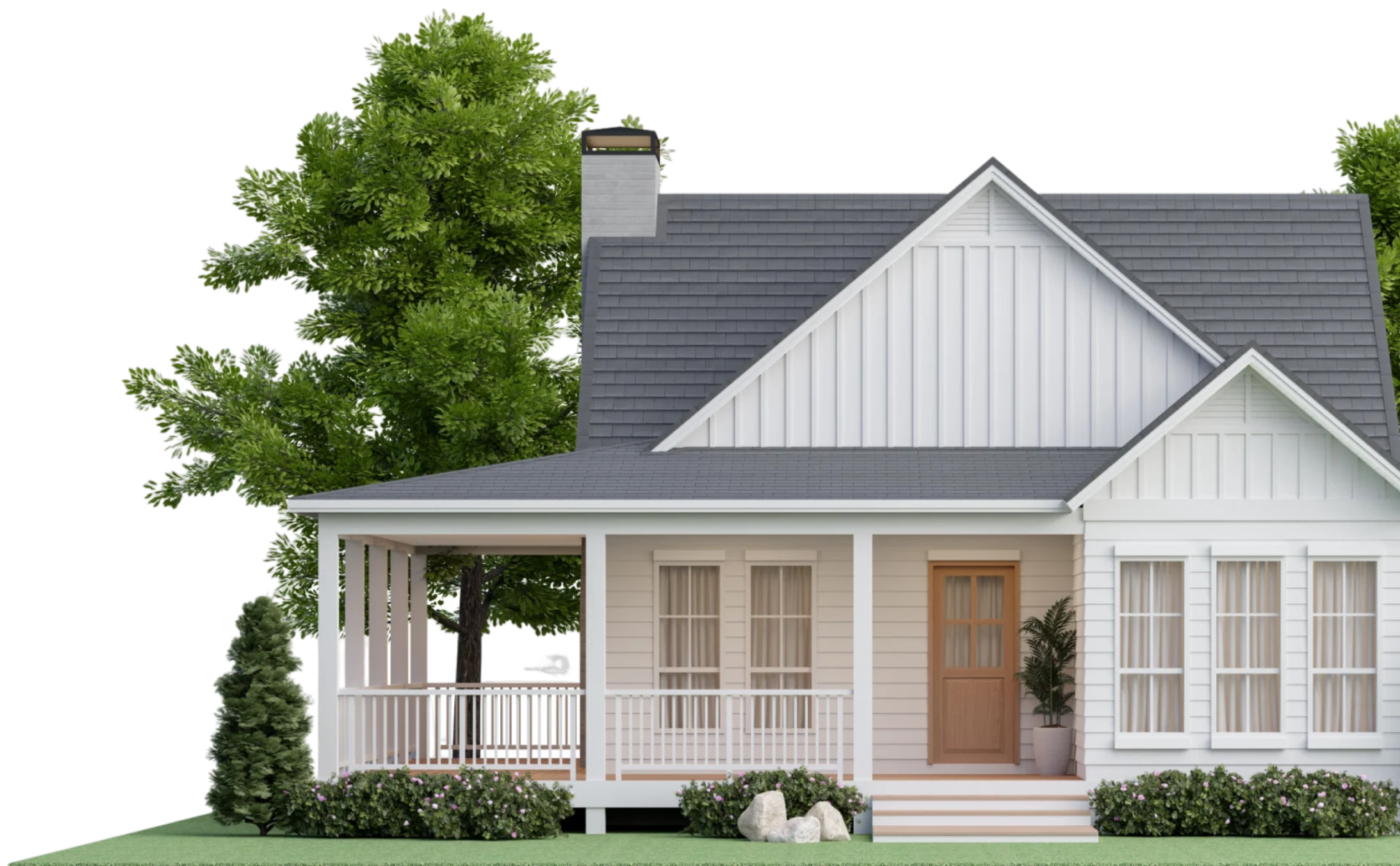 White farmhouse with porch and landscaping.